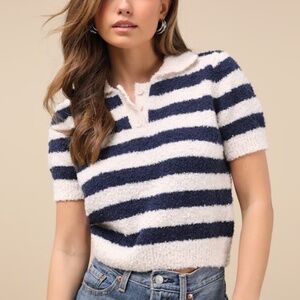 Lulus Cozy Expert Ivory And Navy Striped Short Sleeve Sweater Top White - Size M